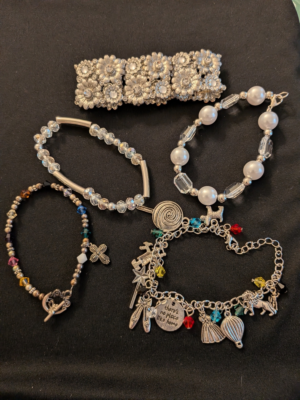 Silver Floral Barrette and Mixed Silver Tone Bracelets Set Of 5